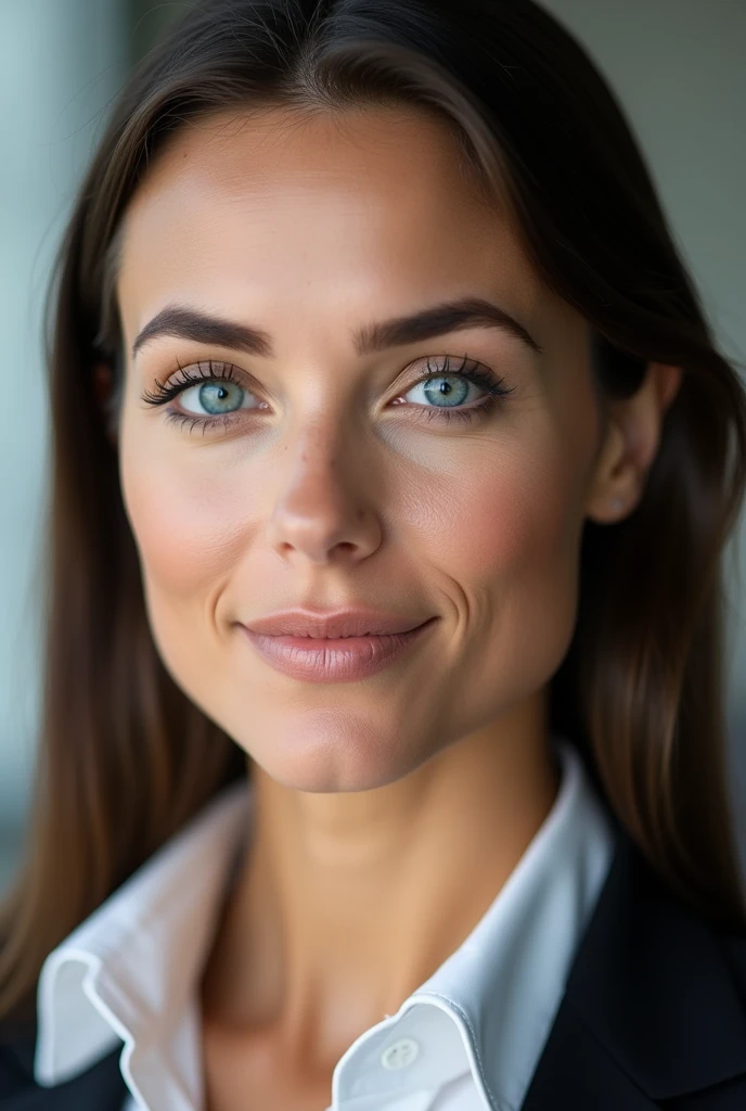 Create a close-up image of a light-skinned brunette woman with striking blue eyes. Her hair is smooth and neatly styled, framing her face in a professional manner. She has a confident and polished expression, with subtle, natural makeup that highlights her features, emphasizing her role as a corporate secretary.