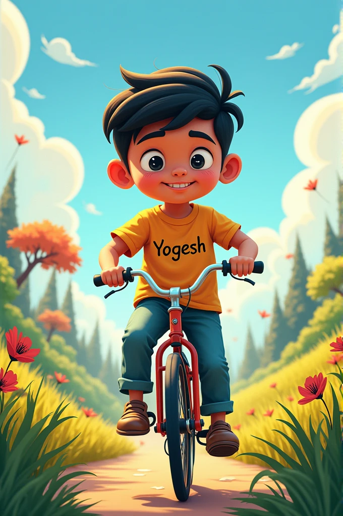 1 boy travel on the cucle his name is yogesh write the t shirt 2d cartoon