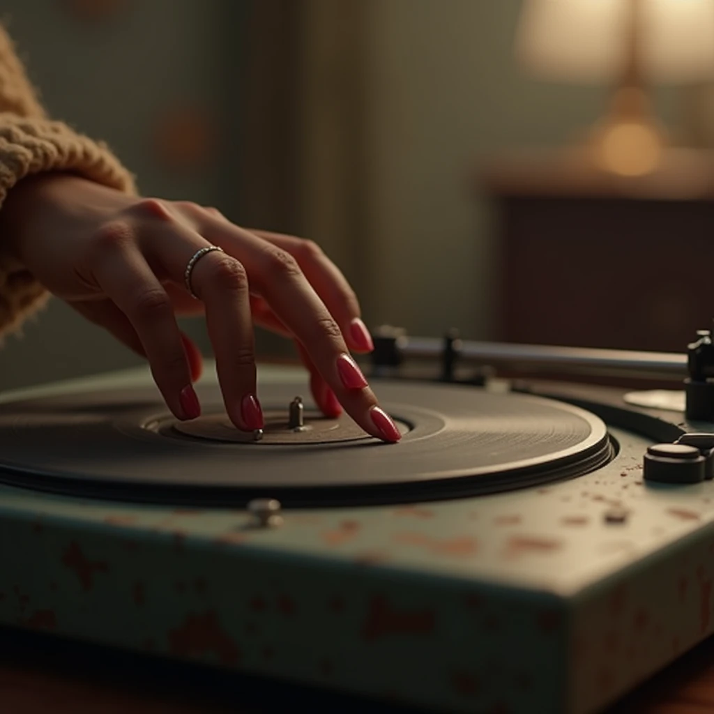 A black girl's finger pressing play on an old music player, beautiful finger nail 