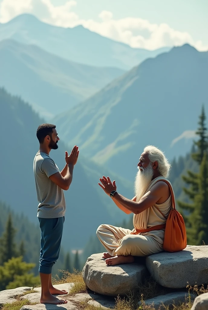A beard man with age 70 doing yoga in front of a mountain, wise old indian guru, yoga meditation pose, standing pose on stones. A 30 years young Indian man is standing and namaskar to the 70 years old man. 30 years young Indian man wears grey t-shirt, blue pant, wears orange colour bag, his height is 5'9 feet, he don't wear any shoes