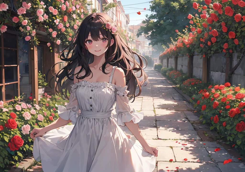 A girl is standing in the middle of a garden surrounded by blooming red roses, smiling. Her hair is a soft dark cherry red that blends in with the rose petals. Her dress is a soft white, and as the rose petals dance in the wind, her hair also sways gracefully. The warm light of dusk shines in the background, making the color of the roses stand out even more vividly
