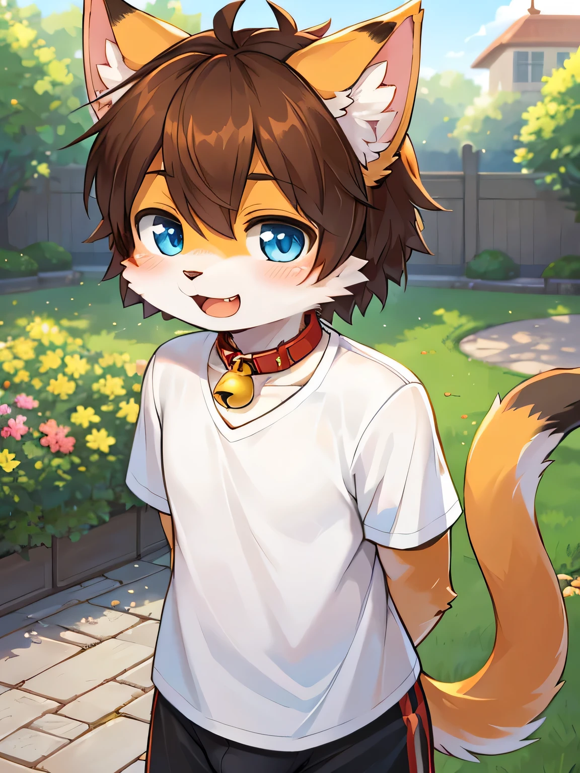 ((Kemono, solo, cat, shota, calico cat, blue eyes, 3 colors, orange and brown hair, white fur color, wear white shirt, wear red collar with bell on neck, wear black boxer, 1 tail, cat tail)), look at viewers, smile open mouth, happy, blushes, standing, (garden background, mansion garden, daytime), high detail, face focus, head focus
