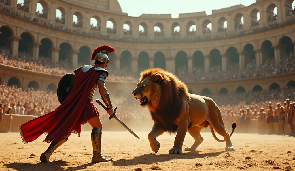Roman soldier fighting a lion, inside an arena, inside a coliseum, full of people watching the fight, some cheering, others watching with looks of attention