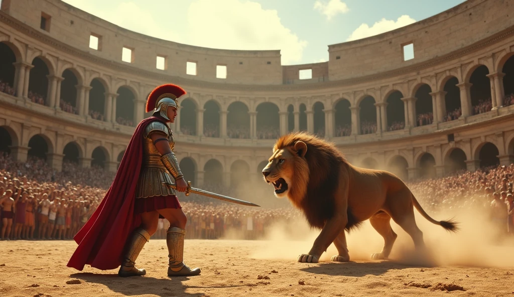 Roman soldier fighting a lion, inside an arena, inside a coliseum, full of people watching the fight, some cheering, others watching with looks of attention
