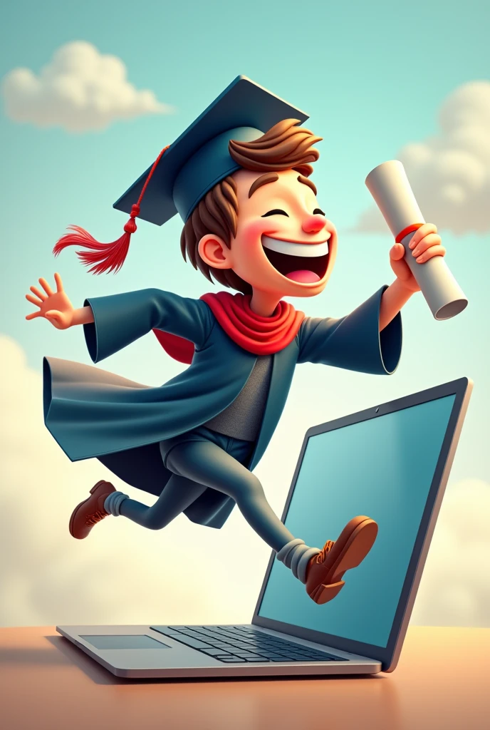 From a laptop comes a running man full bady wearing a graduation uniform, holding a graduation certificate, and very happy

, a 2D cartoon drawing with high detail.