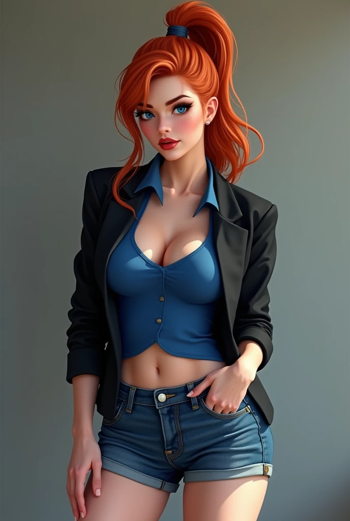 Redhead Woman with Big hips, blue shorts, black jacket and blue shirt with ponytail