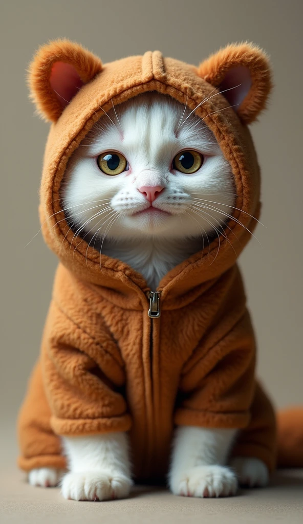 a white cat wearing a brown bear costume, brown fluffy cat, brown bear costume with hood, cute cat, cruel smile, photorealistic, 8k, high quality, masterpiece, detailed fur texture, detailed costume design, studio lighting, realistic lighting, vibrant colors, warm lighting, soft focus
