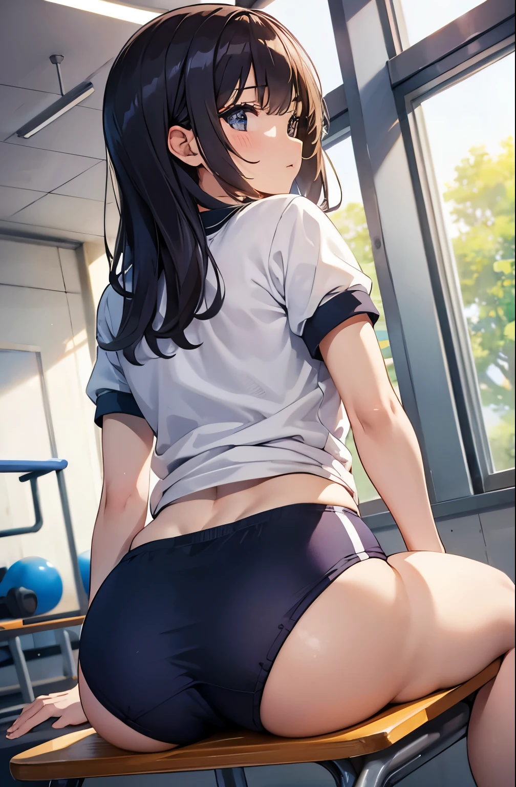 beauty、Dynamic Angle、Focus Girl、School gym bloomers、T-Shirts、Rear view、Beautiful ass、sit