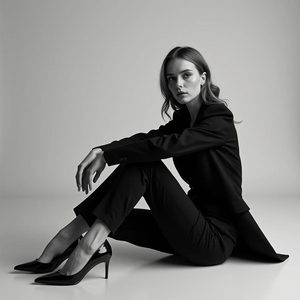 arafed woman sitting on the floor in a black and white photo, a black and white photo, a character portrait, by James Baynes, girl in suit, woman is sitting, elegant girl in urban outfit, editorial model, girl in a suit, pointed high heels