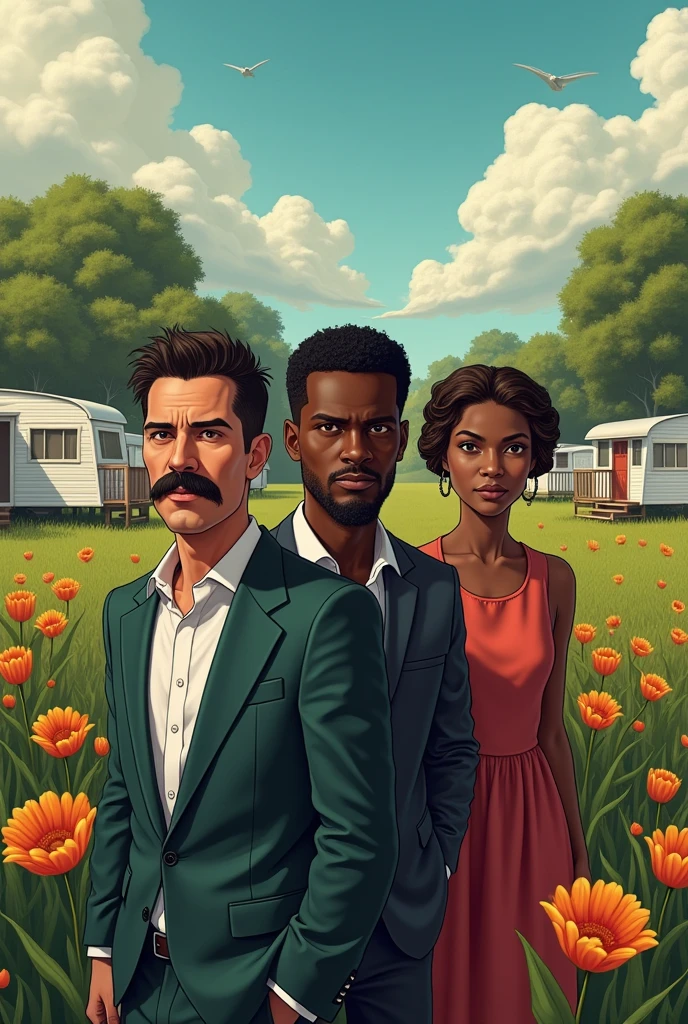 A man with a mustache, a dark man without a beard and a person without a face A beautiful farm with several trailers and a beautiful apartment