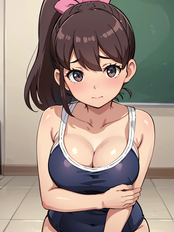 Shooting in the classroom,Show the whole body(Mastepiece,1, alone,,Primary school students) (Kodama Fumika)ponytail,Pink ribbon,Big Breasts,Cleavage,Cleavageを見せる,Navy blue school swimsuit