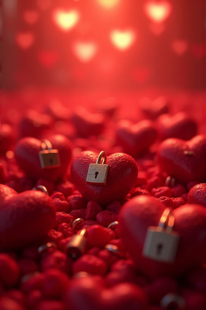 romantic image with 9 hearts arranged in the center, hearts have a lock inside them, romantic red tones