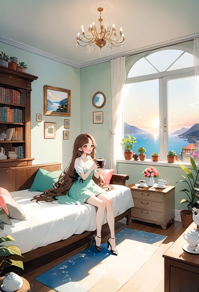 ((1girl)), beautiful woman, long hair, brown hair, drink coffee, ((full body)), A masterpiece, an exquisite view from a large window, shelves with books, watercolor paintings, paintings on the walls, a fireplace, chic furniture, gold elements, figurines, pots look at window, cups, plates, crystal, a chest of drawers, a sideboard with a variety of books, dishes, a dreamcatcher, a neon garland, a multi-colored garland, highlights, an exquisite interior, a view from the window, a bridge, the sea, mountains, sunset, a city, neon light, night, a bed, a sofa, pillows, sconces, flowers, daylight, bright room, illuminated room, lots of light, flower pots,