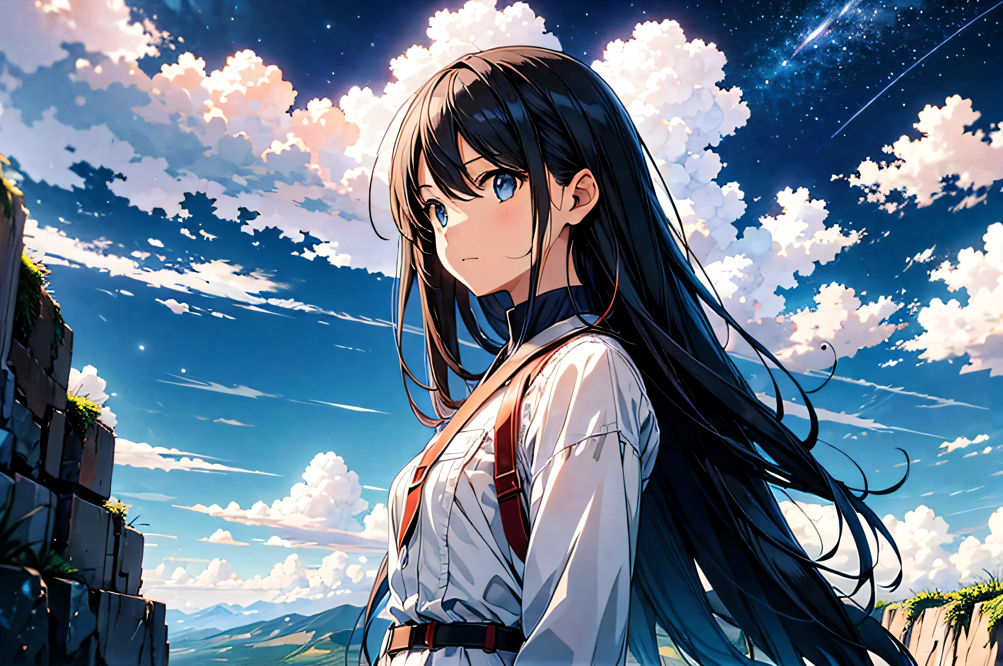 Absurd, High resolution, (Official Art, beautifully、aesthetic:1.2),One girl, (person in far distance), Bright Sky, A vast world, stare, Awe-inspiring expressions, Distant Horizon, cloud, High Hill, Natural Beauty, Inspiration, Night Sky, Shining Star