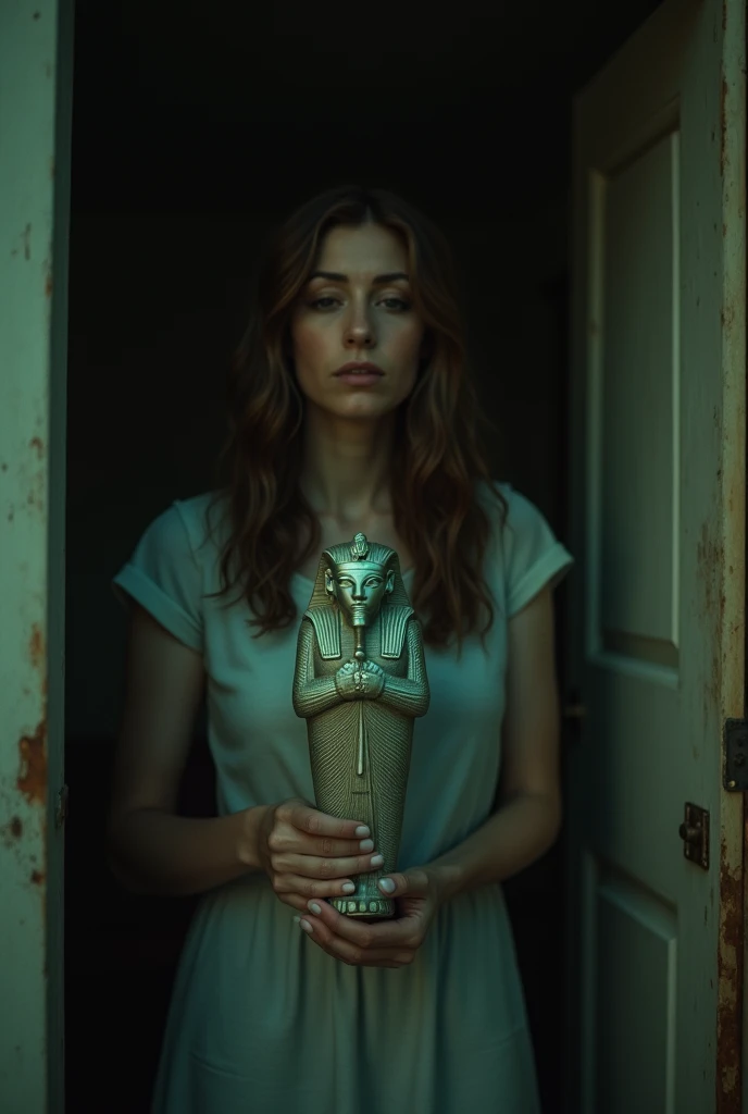 An adult woman, around 3, standing in a small, dimly lit room, holding the holding A small, ancient Egyptian figurine of a goddess with a hippo head, colored in a greenish-blue hue. The figurine is intricately detailed. The expression on her face is a mix of nostalgia and guilt
