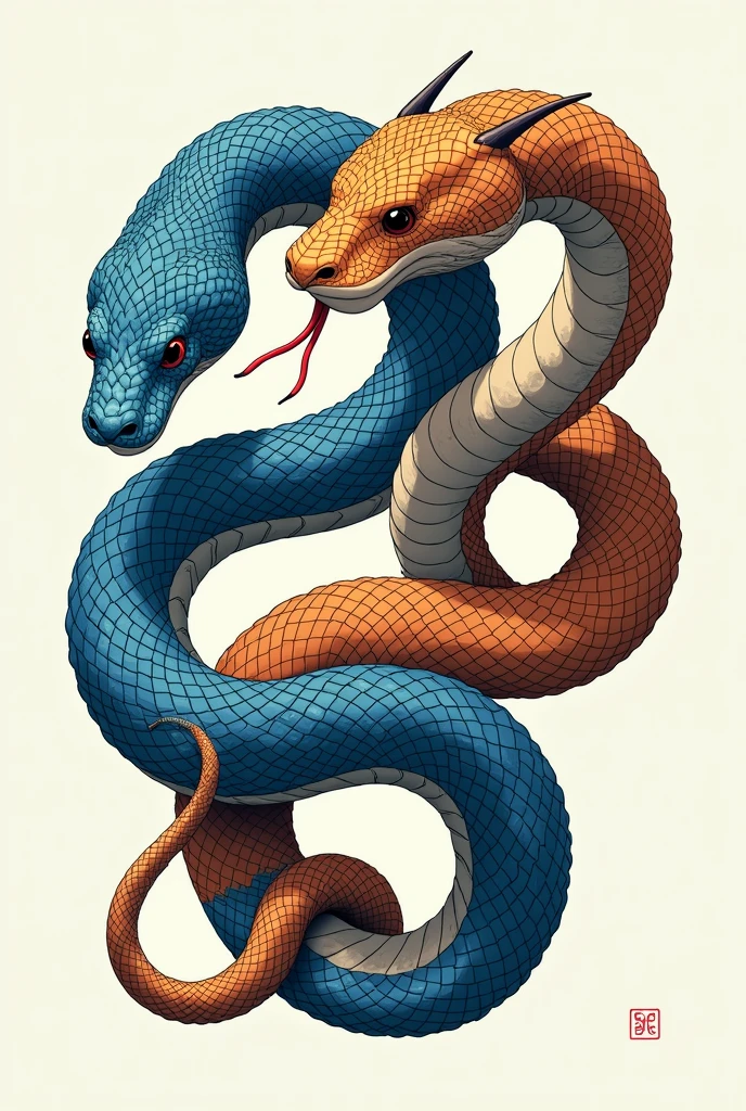 Blue snake and brown snake representing the sea and the land intertwined in the word portiño