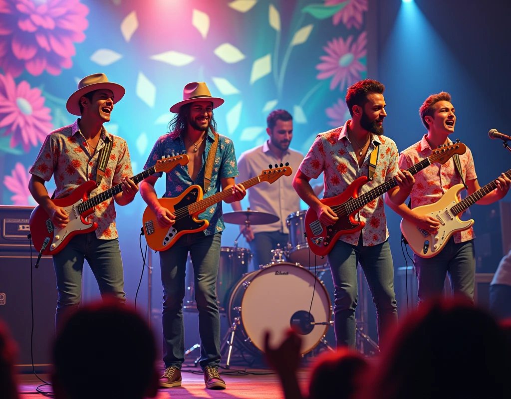 Around stage concert, The Floral Shirts, 5 males (3 guitar 1 keyboard, 1 drummer)