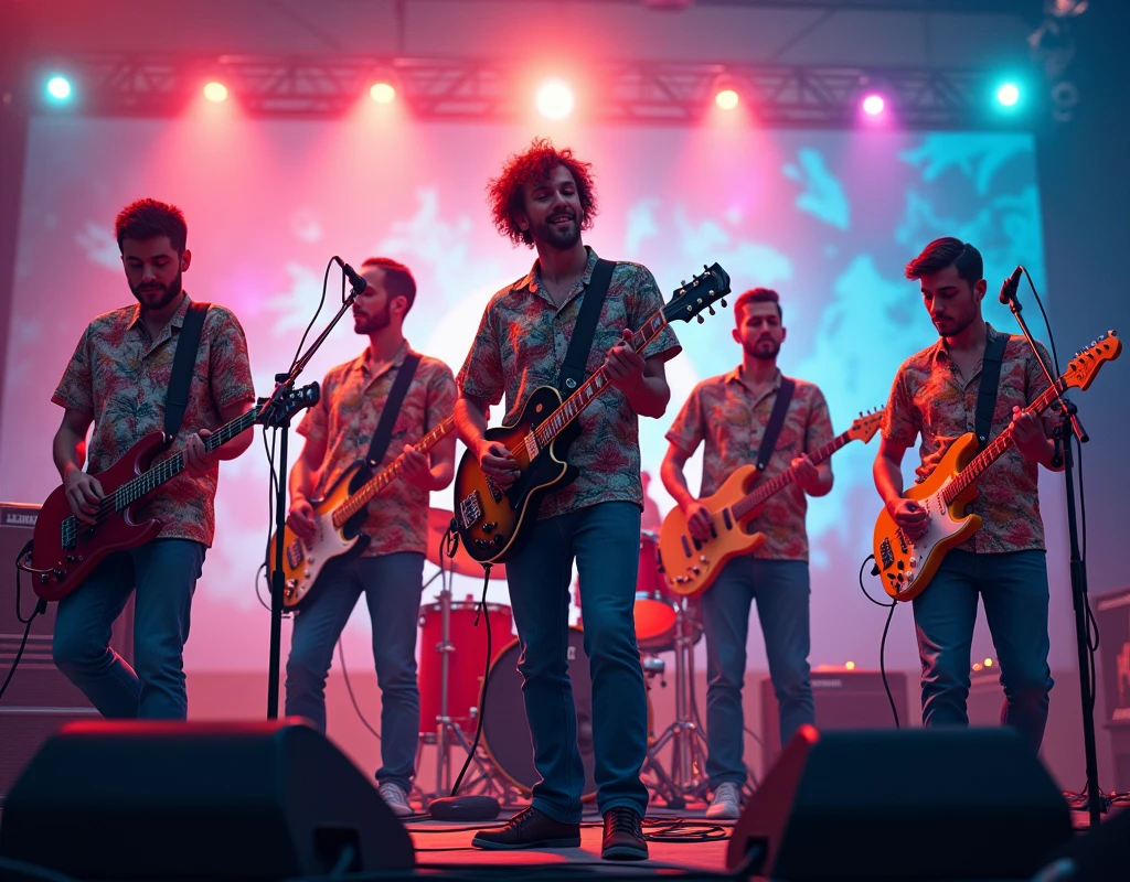 Around stage concert, The Floral Shirts, 5 males (3 guitar 1 keyboard, 1 drummer)
