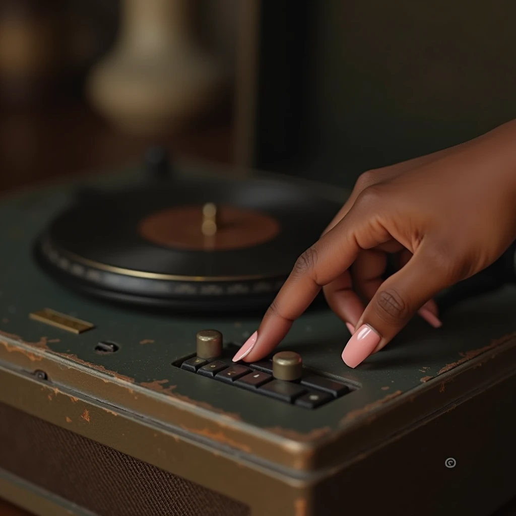 A black girl's finger pressing play on an old music player, beautiful finger nail