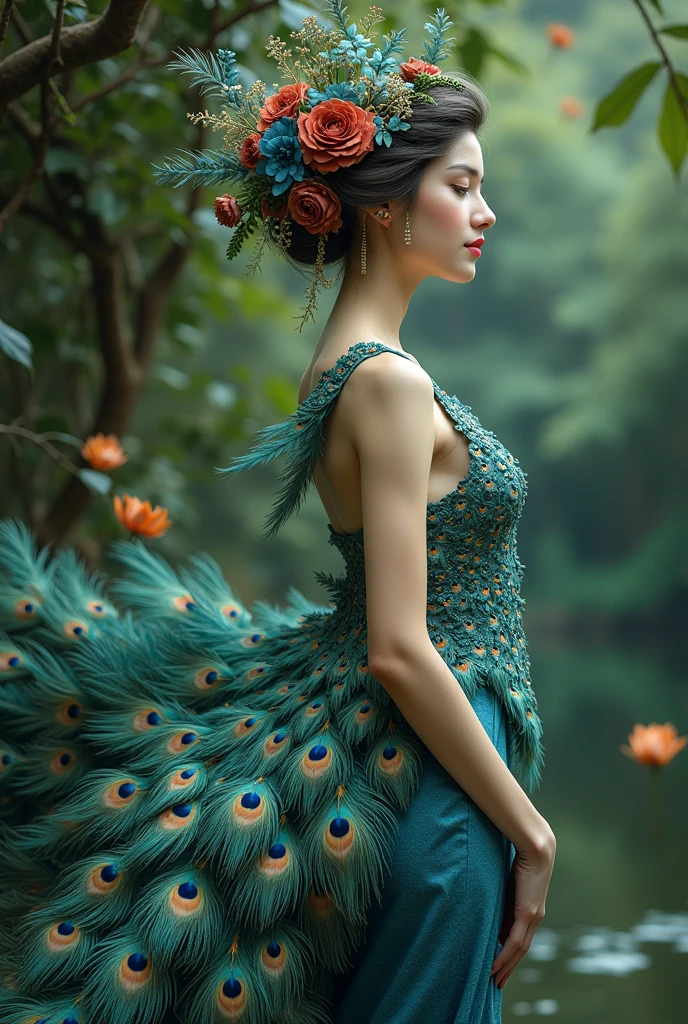 A realistc movie shot beautiful woman with a good figure, with a flower on her back and hair, a peacock's tail, and peacock-like feet, just like in Thai legends best-quoliti