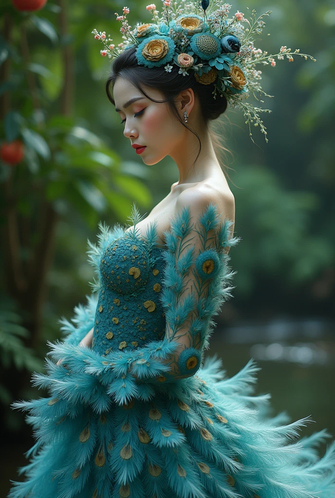 A realistc movie shot beautiful woman with a good figure, with a flower on her back and hair, a peacock's tail, and peacock-like feet, just like in Thai legends best-quoliti
