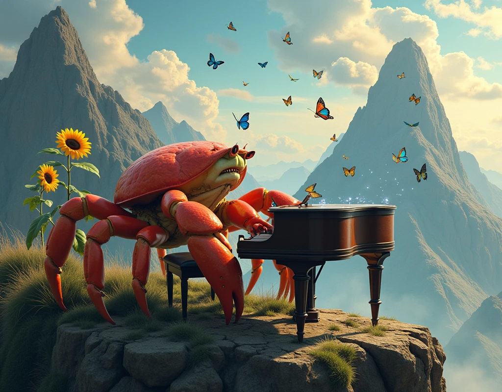 Imagine a giant crab playing a piano on top of a mountain, while the sky fills with multicoloured butterflies. The piano hammer reflects sparkles in a magic mirror, and in the background, A giant sunflower sways to the rhythm of an unknown melody