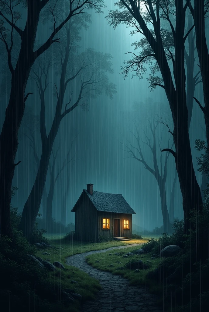 Distant house in the middle of a thick forest at night. It's dark and raining