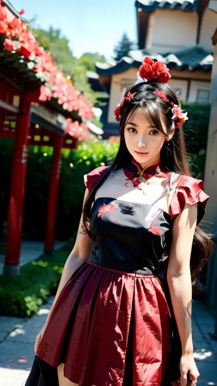 An anime girl wearing a red and black dress with a red flower in her hair, artwork in the style of Gwaiz, Gwaiz, Chinese Girl, Trending on cgstation, Cute anime waifu in a nice dress, Gwaiz on pixiv artstation, palace , Girl in Han Dress, Beautiful digital art, Gwaiz on artstation pixiv