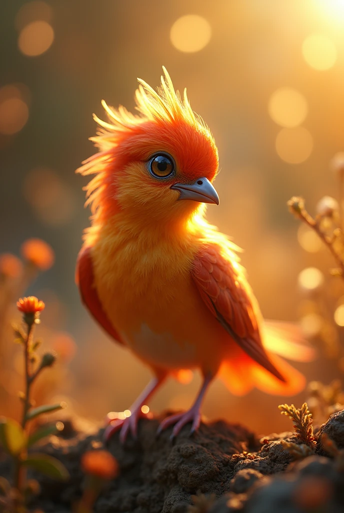 Fascinating close-up portrait of a beautiful little bird in soft light, Golden light of a quiet morning, The vibrant bokeh balls gently frame the delicate shape.. , The little bird is a child of the firebird and shines beautifully..
