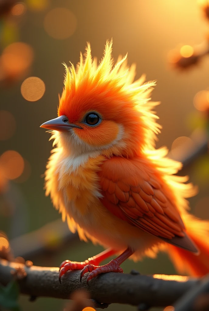 Fascinating close-up portrait of a beautiful little bird in soft light, Golden light of a quiet morning, The vibrant bokeh balls gently frame the delicate shape.. , The little bird is a child of the firebird and shines beautifully..