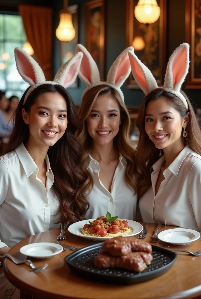 We are looking for high quality, stunningly visually stunning photos.。Give the whole background a delicate feel like a movie scene.。At the center is、Beautiful like a goddess、Three women with realistic facial features and expressions, bewitching smiles, and rabbit ears on their heads are placed in the figure.。Her hair is light brown and in large waves in a ponytail.、It has a glossy texture、Make sure you can feel the movement。Photo FOCUS suits everyone。The three women have rabbit ears on their heads.、The design is sophisticated and elegant.。They are wearing white business shirts with only the top button undone.。Her face is Russian 10%and Armenia 20%and Japanese 70%Mixed race、She has the mature charm of a 2.、Describe a very beautiful and delicate face.。 They were happily eating beef on a charcoal grill in an elegant Western restaurant.、The hand holding the fork is elegant.、Please realistically depict the details of the beef ingredient.。A life-sized rabbit wearing a red suit is sitting next to the woman, staring at her.、The rabbit is very realistic、Give them soft fur and sparkling eyes。 The composition is a shot from the front at an angle.、Make sure you maintain eye contact with the camera、Enhance your natural, radiant skin tone。Crisp and sharp focus throughout、Crisp down to the smallest detail、Finish it in gorgeous, full-color.。The whole visual、Perfect balance and beauty、Make sure you leave a strong impression on the viewer。In the background, people eating happily々There are many。