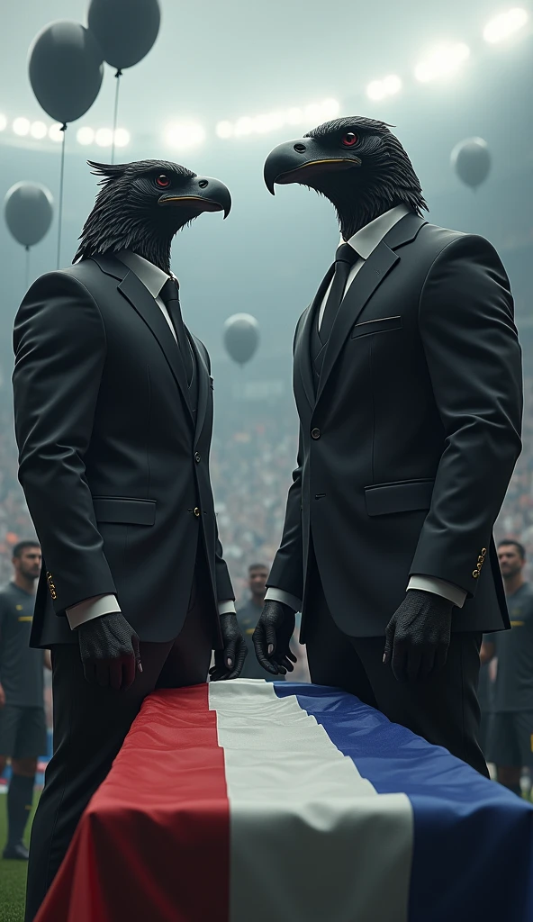 a black male hawk, muscular, puffed out chest, black suit, next to a beautiful muscular fish, puffed out chest, black suit, inside a soccer stadium, everyone is sad seeing a coffin with a flag over it highlighted in the colors blue, white, red, black balloons flying in the wind