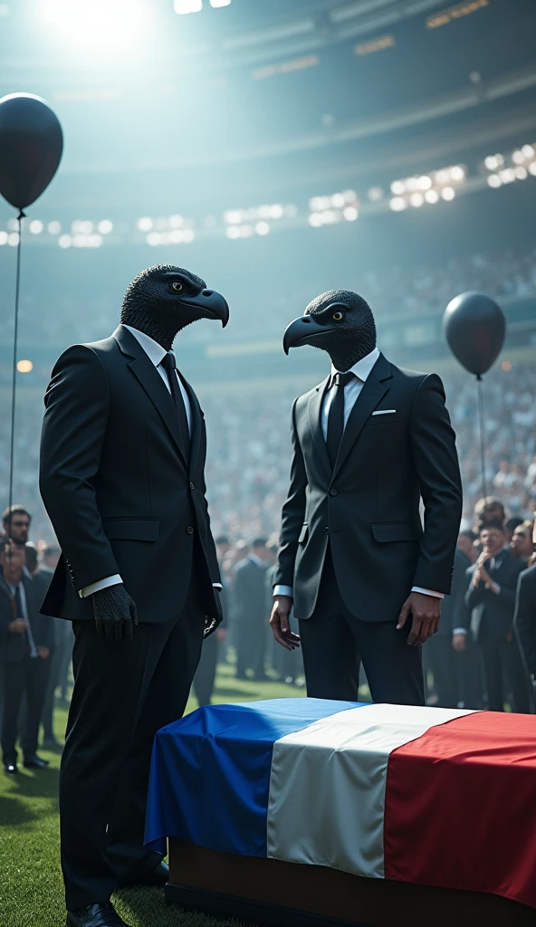 a black male hawk, muscular, puffed out chest, black suit, next to a beautiful muscular fish, puffed out chest, black suit, inside a soccer stadium, everyone is sad seeing a coffin with a flag over it highlighted in the colors blue, white, red, black balloons flying in the wind