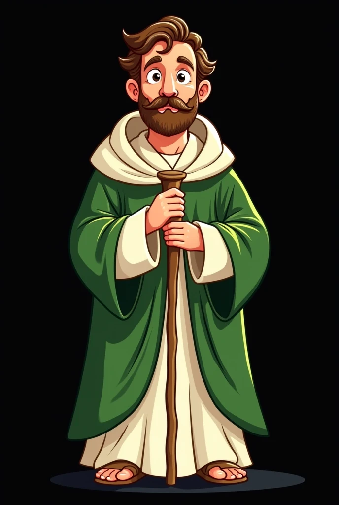Image of Saint Jude Thaddeus in cartoon color of green, white and brown clothes with a cane on a black background 