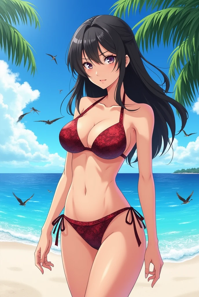 Create,Makima from chainsaw man anime, wearing sexy bikinis, infront of a beach