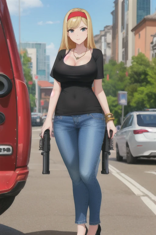 Highest quality、Ultra HD、One Woman、(blonde long hair 1.3)、(1 open-necked black shirt.3)、(Jeans 1.3)、(Red headband)、(Black Heels 1.1)、((Shoot a gun 1.2))、(Silver necklace)、(Large Breasts)、(Beautiful face with sharp eyes 1.2)、(tall)、Red bracelet on left wrist、(Cleavage 1.1)、40-year-old woman、Slender body、(Daytime city background 1.2)、((Clear and beautiful touch))