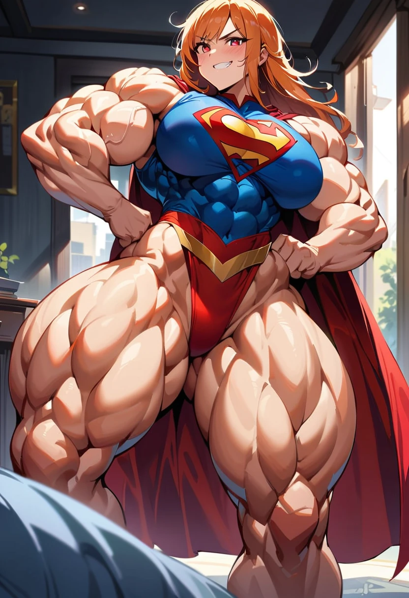 ((best quality)), ((masterpiece)), (detailed), (perfect anatomy), (exquisite clothing); Bedroom; 1girl, tall girl, solo, flexing biceps; Perfect face, orange hair, very long hair, fanged bangs, sidelocks, cheek blush, red eyes, black pupils, proud, confident, smug grin; (Muscular:3.9), pumped up, (muscular veins), deltoids, trapezius, huge breasts, biceps, triceps, abs, obliques, long waist, wide hips, glutes, (muscular thighs:1.8), quads, lats, hamstrings; super heroes uniform, supergirl, cape, homelander, super hero