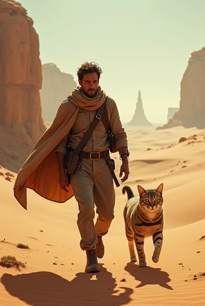A man is in desert he found a cat. Cat is a superhero.
Cat help him to go from desert to city