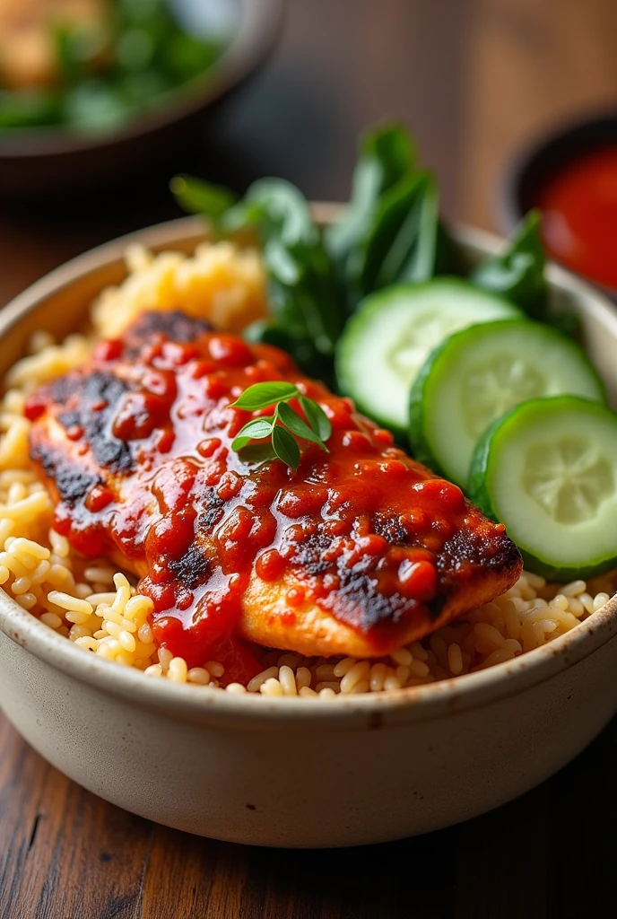 Bbq fish fillet smothered with sambal with kangkung & slice of cucumber sitting on a bed of nasi lemak in a round disposable food container 