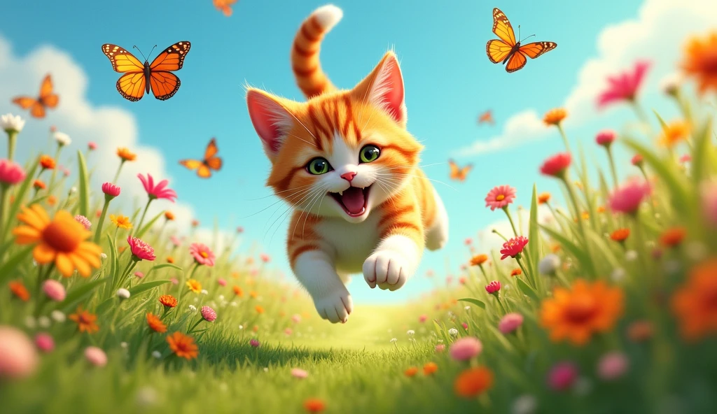 Create an image of a determined cat with a playful expression, leaping through a field of vibrant wildflowers. The cat, with fur in shades of orange and white, is energetically chasing colorful butterflies that are taking flight around it. The scene should be filled with dynamic movement and bright, cheerful colors, capturing the joyful pursuit and the delicate flutter of the butterflies.