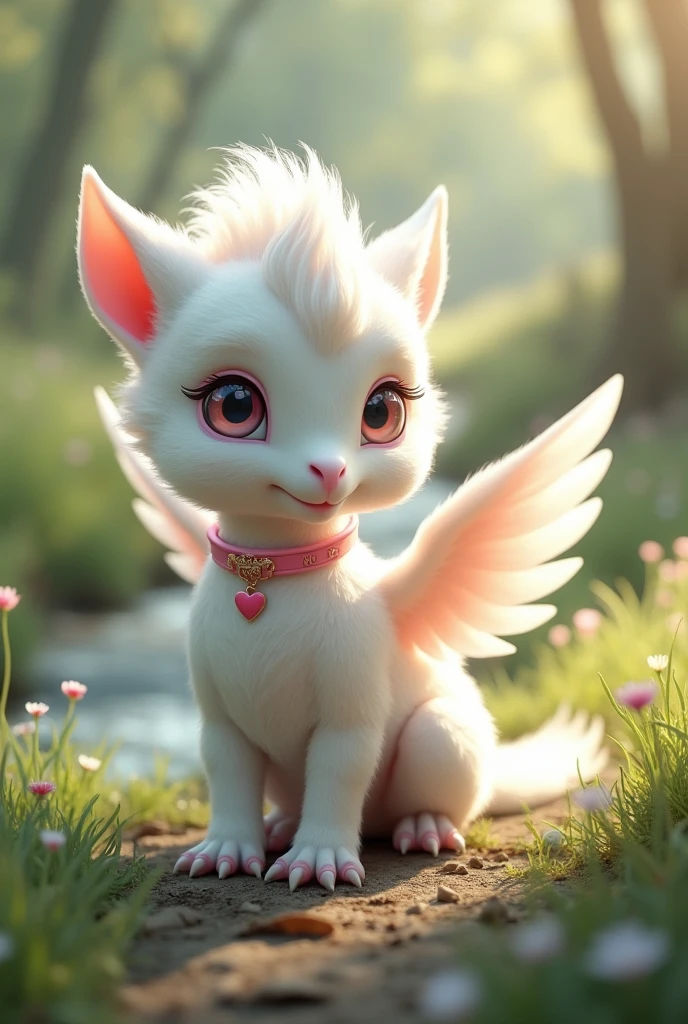I want you to create an image of a albino hippogriff with pink eyes and wearing a pink collar and a heart with the name Nysa