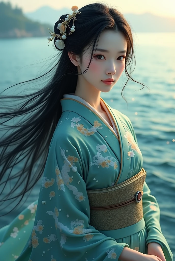 "An elegant Japanese woman with delicate features, depicted in a serene oceanic scene. Her long, flowing black hair moves gently with the sea breeze, adorned with small seashells and pearls. She is dressed in a traditional kimono with wave and koi fish patterns, the colors blending with the deep blues and greens of the surrounding water. The background features a soft, misty horizon where the sky meets the sea, with distant islands barely visible. The scene is calm, with sunlight filtering through the water, casting gentle reflections on her serene face."