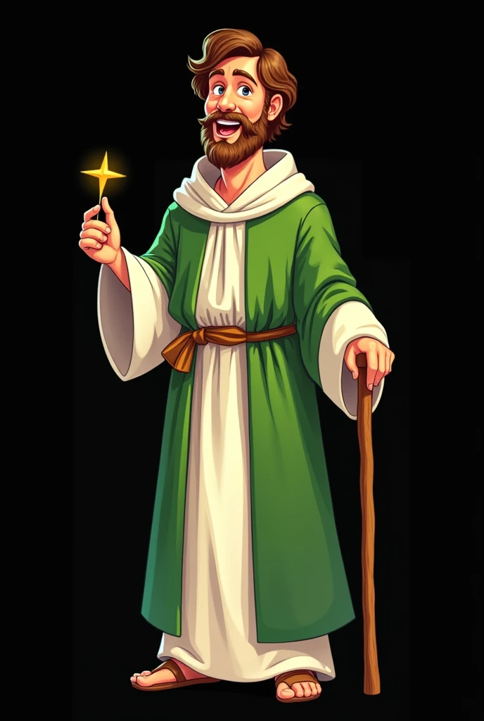 Image of Saint Jude Thaddeus in cartoon color of green, white and brown clothes with a cane on a black background 