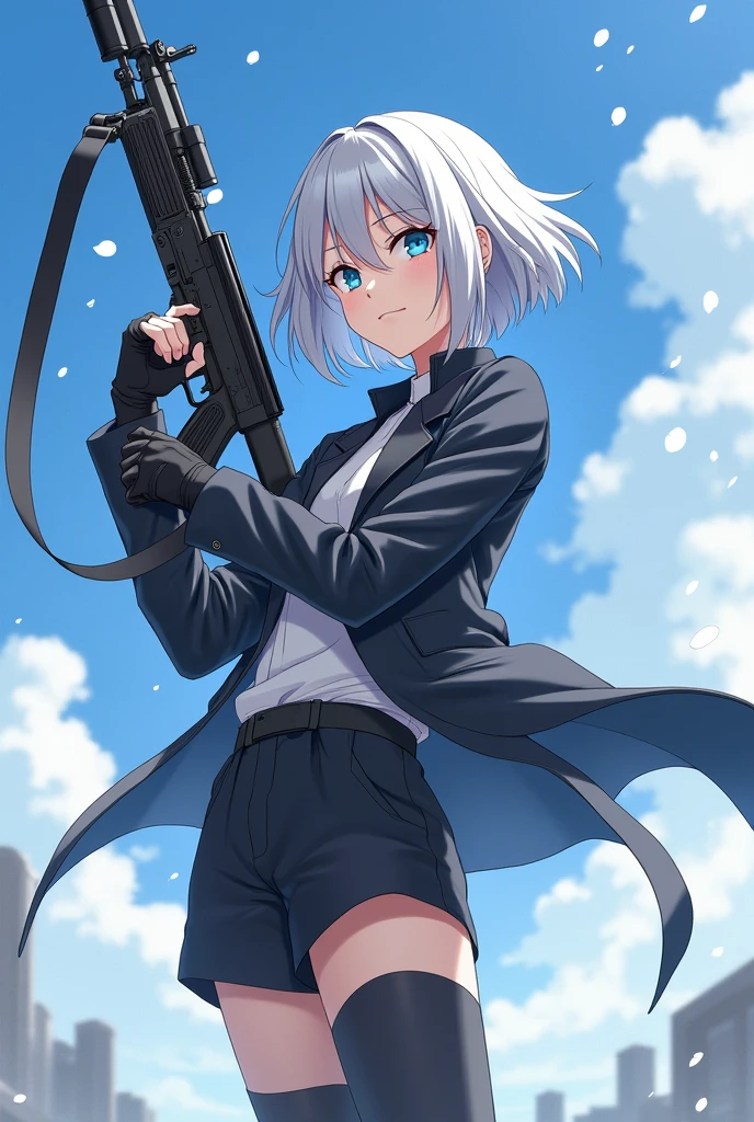 、Assault rifle、youth、Controlling the Wind、anime、Silver Hair、1、Height: 170cm、Fashionable clothes、neutral、Shorter than bob haircut