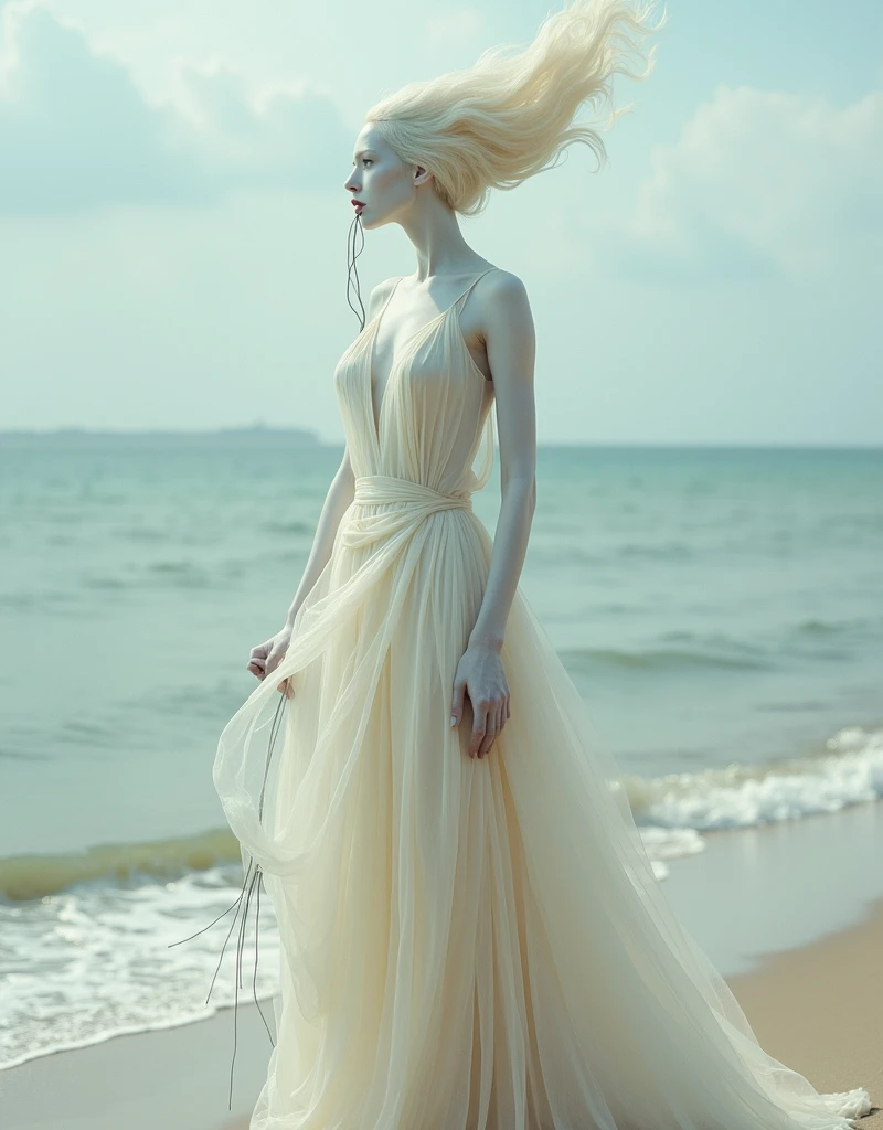 A surrealistic full body photograph of an elegant female humanoid creature with a long elongated neck, white skin and dressed in a flowing gown on the beach. Her head is completely covered by pale fabrics that cover her eyes. She has two very thin tentacles coming out from under her chin hanging down to the ground. It is a surrealistic style of photography in the style of Zdzisław Beksiński