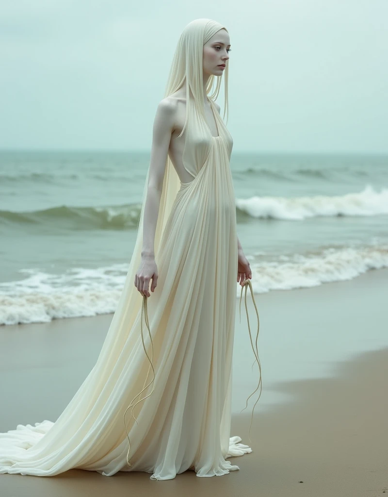 A surrealistic full body photograph of an elegant female humanoid creature with a long elongated neck, white skin and dressed in a flowing gown on the beach. Her head is completely covered by pale fabrics that cover her eyes. She has two very thin tentacles coming out from under her chin hanging down to the ground. It is a surrealistic style of photography in the style of Zdzisław Beksiński