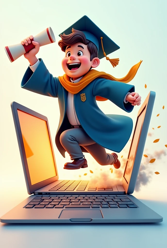 From a laptop comes a running man full bady wearing a graduation uniform, holding a graduation certificate, and very happy
, a 2D cartoon drawing with high detail.