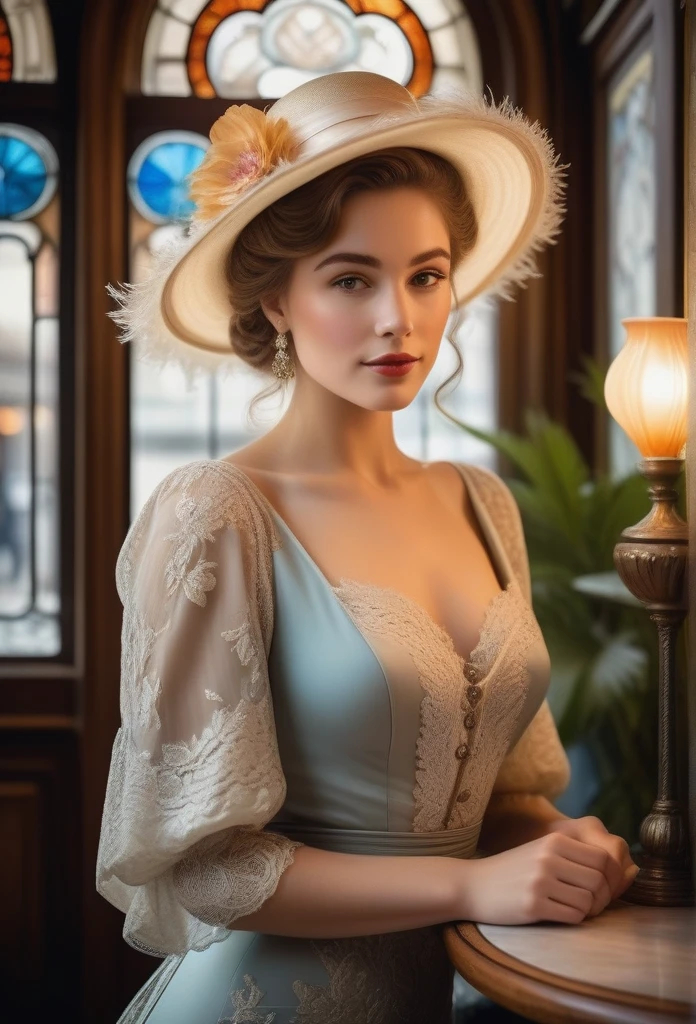 Create a portrait of an elegant woman in an early 20th-century Parisian café, embodying the Belle Époque era. She should be dressed in a sophisticated, flowing dress with intricate lace details, her hair styled in a loose updo adorned with a feathered hat. The background should reflect the art nouveau style with stained glass windows casting colorful light, wrought iron furniture, and lush indoor plants. Capture her in a moment of contemplation, with a slight smile, holding a porcelain cup. The lighting should be soft, mimicking the natural light of a cloudy afternoon, with subtle highlights to emphasize the textures of her attire and the ambiance. Use a technique that blends photorealism with a painterly touch, reminiscent of the works by Toulouse-Lautrec but with modern clarity.