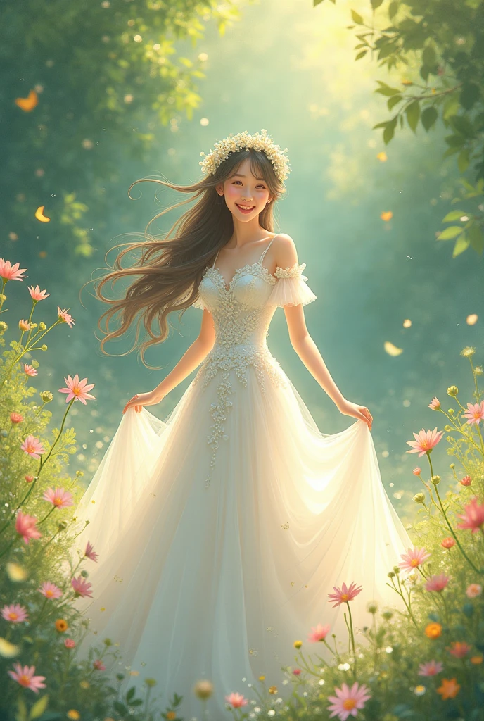 wedding dress anime wallpaper, in the style of soft and airy compositions, joyful celebration of nature, blink-and-you-miss-it detail, spirited portraits, sonian, ferrania p30, gigantic scale --ar 3:2.