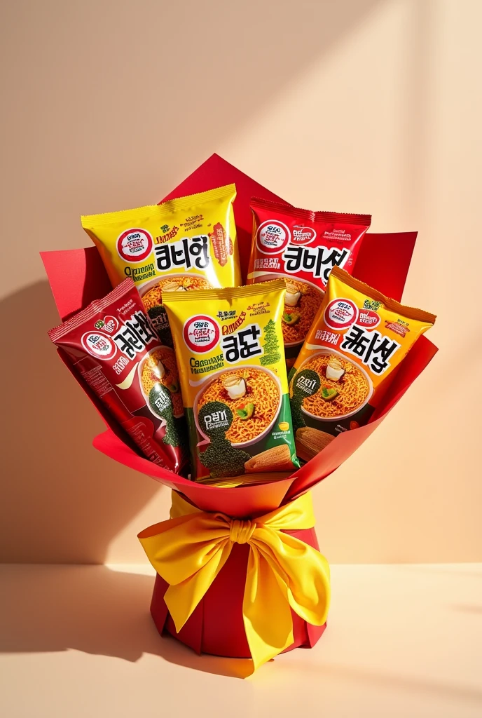 A korean samyang ramen bouquet, in the bouquet, it contains 3 packets korean samyang carbonara ramen, 3 packets korean samyang quattro cheese ramen, and 3 packets mr kim seaweed snack